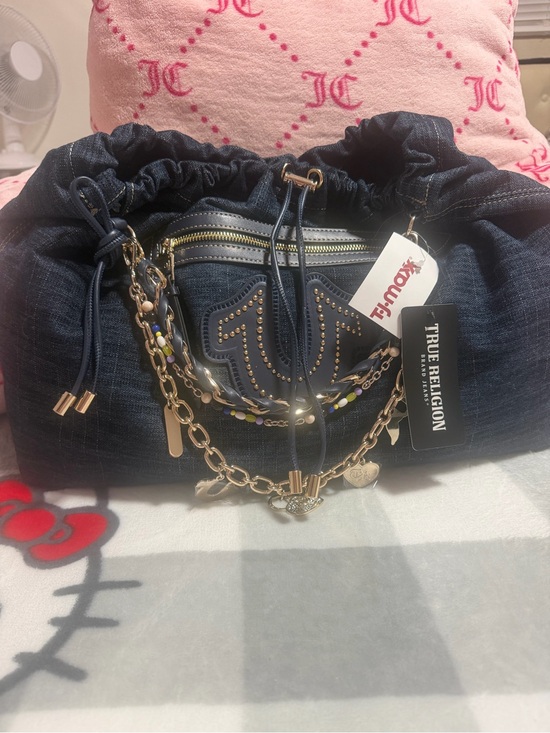 True Religion Handbags - True Religion Dark Navy Denim Drawstring Shoulder Bag with Gold Chain